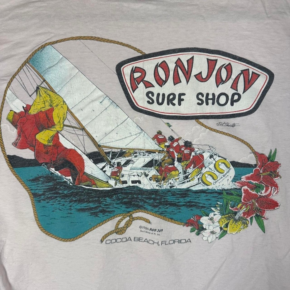 Vintage 1986 Ron Jon Surf Shop T-Shirt XL Pink Sailboat Graphic Cocoa Beach USA